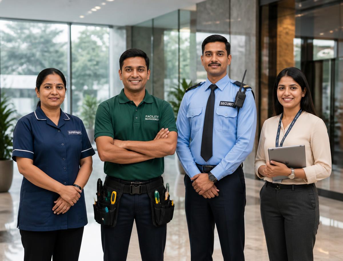 TLSS housekeeping supervisor, facility technician, security guard and office administrator in a corporate building lobby