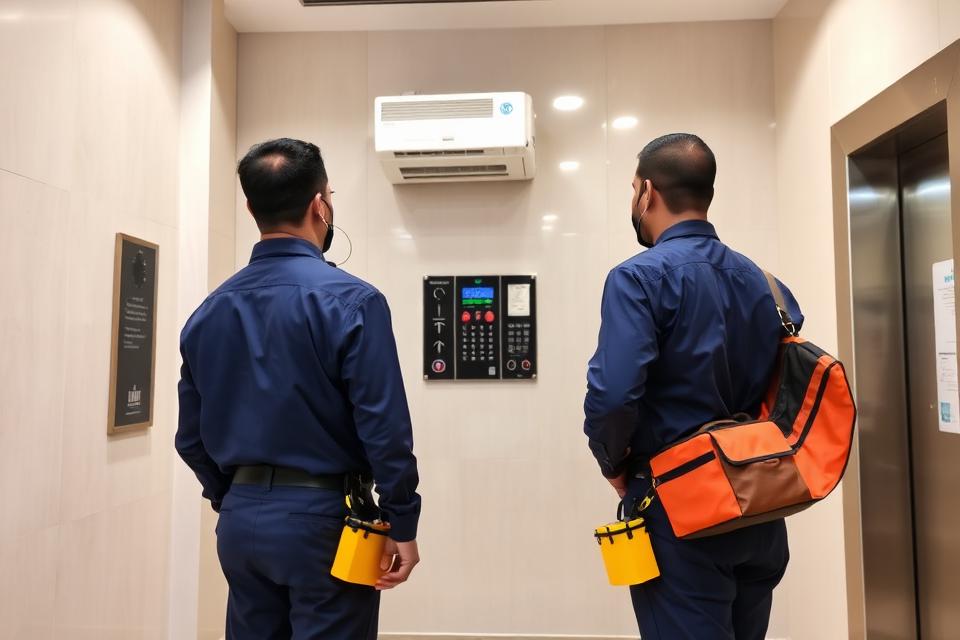 Facility management technicians in uniform servicing building equipment