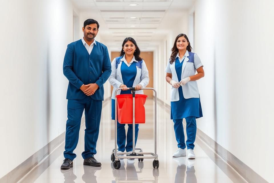 Uniformed housekeeping staff with a cleaning trolley in a commercial corridor