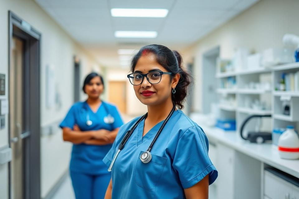 Nursing and laboratory staff in a clean hospital setting
